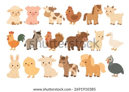 Cute farm animals set, flat vector cartoon illustration, isolated adorable domestic animal collection
