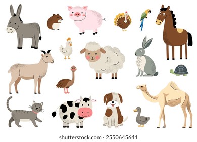 Lindo conjunto de animales de granja. Cabra, cerdo, caballo, gato, vaca, barco. Conjunto plano de animales domésticos, mascotas.