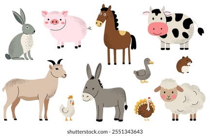 Lindo conjunto de animales de granja. Cabra, cerdo, caballo, burro, vaca, barco. Conjunto plano de animales domésticos