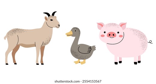 Cute farm animals set. Goat, pig, goose. Flat set of home animals, pets.