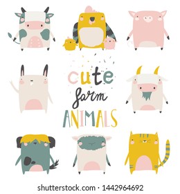 Cute farm animals set on white background. Vector illustration