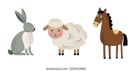 Cute farm animals set. Rabbit, sheep, horse. Flat set of home animals, pets.