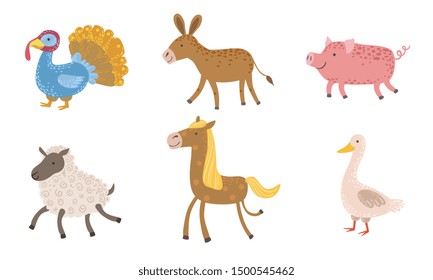 Cute Farm Animals Set, Turkey, Sheep, Donkey, Pig, Horse, Goose Vector Illustration