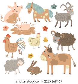 Cute farm animals set of vector illustrations. Pony, cow, chicken, rooster, chicken, sheep, goat, pig, pig, rabbit and ram.