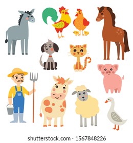 Cute farm animals set.Farmer, horse, sheep, pig, dog, cat, cow, donkey, goose,rooster and hen with chicks.Vector illustrations.