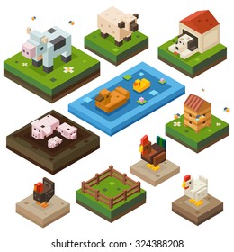 Cute farm animals: sheep, turkey, bees, chicken, cow, rooster, dog, pigs, ducks. Isometric flat vector illustration. Stock vector. 