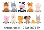 Cute farm animals in sitting position vector illustration. Set of cute barn animals including a horse, cow, donkey, goat, sheep, pig, llama, cat, dog, chick, and rabbit.
