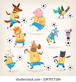 Cute farm animals team playing soccer on different positions. Funny vector pets characters illustrations. Sport is for everyone.  Isolated images. First team