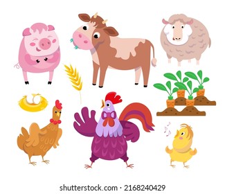 Animales de granja. Ilustraciones de color vectorial sobre fondo blanco. Iconos para el diseño de afiches, libros, rompecabezas.