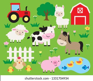 Cute farm animals vector illustration set including cow, horse, pig, llama, hen, chicken, duck, fish, sheep, barn, and tractor. Cute cartoon animals in a ranch.
