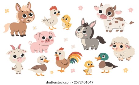 Cute farm animals vector illustration set. Set of flat vector illustration on white background. Domestic farm animals. 