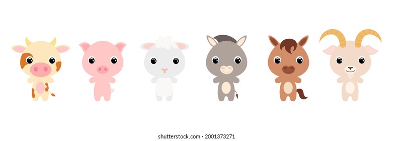 Cute farm baby animals in cartoon style. Collection animals characters for kids cards, baby shower, birthday invitation, house interior. Bright colored childish vector illustration.