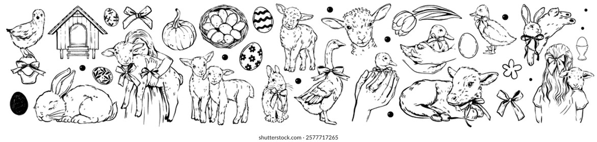 Cute farm baby animals set, vector doodle easter lamb, rabbit hand drawn illustration, little girl. Country village domestic pets line clipart, chicken eggs, lovely small cow. Nature farm animals art