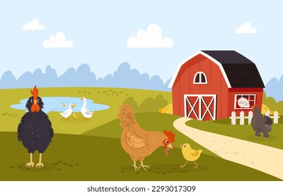 Cute farm background. Hens with chickens on background of barn and lake. Livestock, cattle and domestic animals and birds. Farming and agriculture. Cartoon flat vector illustration