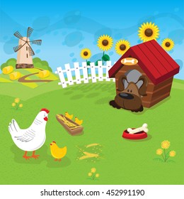 cute farm background witn chicken and dog