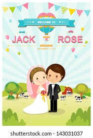 Cute farm barn and cow wedding invitation card template vector/illustration