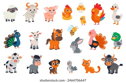 Cute farm. Big set of cartoon farm animals and pets