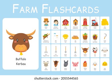 Cute Farm Bilingual Flashcards Vector Set. Cute Bilingual Educational Flashcards For Kids.