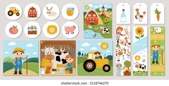 Cute farm cards set with farmer, barn, animals and birds. Vector country village square, round, vertical print templates. Countryside design for tags, postcards, ads with cow, tractor, rural scenes
