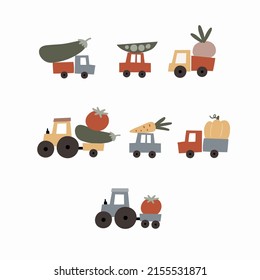 Cute Farm and cars colorful collection. Hand drawn vector tractor, cars, truck with vegetables. Boho print harvesting, organic products