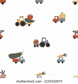 Cute Farm and cars colorful collection. Hand drawn vector tractor, cars, truck with vegetables. Boho seamless pattern harvesting, organic products