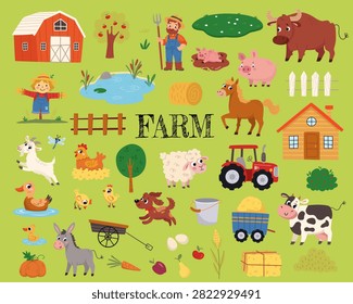 Cute Farm Cartoon Vector Collection with Barn, Farmer, Animals and Countryside Elements