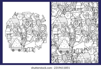 Cute farm characters coloring pages set in US Letter format. Black and white background with animals and farmers. Templates for coloring book. Vector illustration