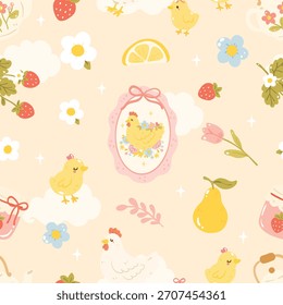 Patrón sin fisuras lindo de los pollos de la granja, granja de primavera pastel, diseño de la tela del pollo de Kawaii, papel digital dulce de Country, patrón lindo de la granja