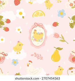 Cute Farm Chickens Seamless Pattern, Pastel Spring Farm, Kawaii Chicken Fabric Design, Sweet Country Digital Paper, Cute Farm Pattern