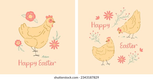 Cute Farm Chickens Vector Graphics: Versatile and Charming Illustrations for Greeting Cards, Invitations, Wallpapers, Crafts, and Creative Projects - High-Quality Royalty. Happy Easter