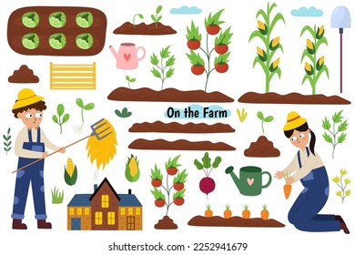 Cute farm collection with kids working in the garden. Boy making hay, girl harvesting carrots, garden beds with tomatoes, corn and cabbage. Agriculture and gardening set. Vector illustration