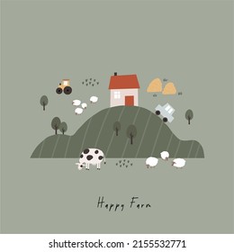 Cute Farm colorful poster. Hand drawn vector boho animals, three, house, horse, goose, cow, sheep, tractor, cars, vegetables. Village landscape