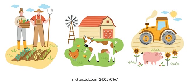 Composiciones de finca. Elementos de yard р animales y técnicos, tractor en campo, cosecha, granjeros con caja de verduras, concepto de vector.eps
