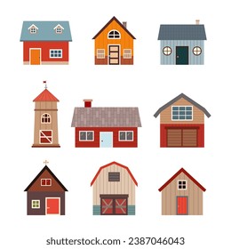 Cute farm, country house, granary and barn icons set isolated on white background countryside