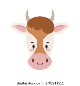 Cute farm cow face with ears and horns icon isolated on white background. Milk dairy farm product design element. Vector animal character illustration in cartoon flat style.