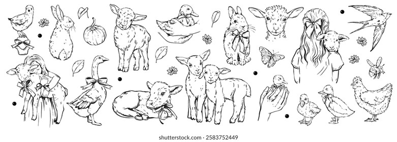 Cute farm domestic animals set, vector doodle easter lamb rabbit hand drawn illustration little girl. Country village pets line clipart, chicken, goose, lovely little cow. Nature farm animals sketch