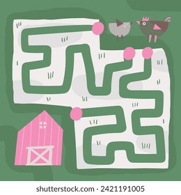 Cute farm doodle maze with chicken, rooster, barn, hen, cock. Village, countryside puzzle for kids, children. Funny cartoon style labyrinth with adorable characters