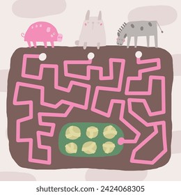Cute farm doodle maze with pig, rabbit, donkey, bunny, cabbage. Village, countryside puzzle for kids, children. Funny cartoon style labyrinth with adorable characters