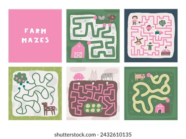 Cute farm doodle mazes set with pig, rabbit, donkey, bunny, cabbage, farmer, dog, horse. Village, countryside puzzle for kids, children. Funny cartoon style labyrinth with adorable characters