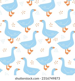 Cute farm goose bird flat seamless vector pattern