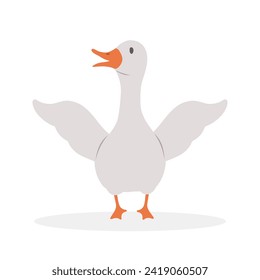 Cute farm goose. Domestic duck on white background. Agriculture bird. Village wildlife. Perfect for logo, greeting card and wrapping paper. Vector illustration in flat cartoon style.