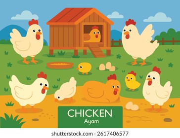 Cute farm illustration featuring chickens, chicks, and a coop in a green field. Perfect for kids' books, education, or farm-themed designs. Flat cartoon style, colorful and fun.