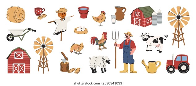 Granja linda, conjunto rural aislado, vida en una granja. Animales domésticos, trabajo agrícola, cosecha. Granjero con una horquilla, gallo, gallinas y huevos, granjero, tractor, espantapájaros y más. Vector de dibujos animados