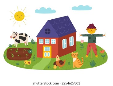 Cute farm landscape with scarecrow, hen, cat, cow and farmhouse. Summer green meadow in cartoon style isolated on white background. Garden vector illustration