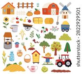 Cute Farm Objects Cartoon Vector Collection with Tractor, Barn and Gardening Elements