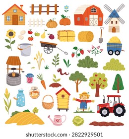 Cute Farm Objects Cartoon Vector Collection with Tractor, Barn and Gardening Elements