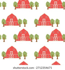 Padrão de fazenda bonito com fazenda e árvore. Padrão de construção retro para impressão infantil infantil, têxteis de cozinha.