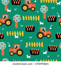 Cute farm pattern with tractors, carrots, fence, apple trees and cats. Repeating seamless vector background for kids. Farming pattern for wrapping paper, fabric, kids decor, childrens apparel