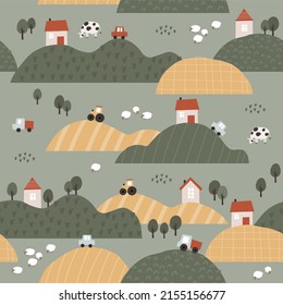 Cute Farm pets colorful collection. Hand drawn vector domestic animals set. Boho seamless pattern with three, house, horse, goose, cow, sheep, tractor, cars, vegetables. Village landscape