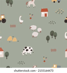 Cute Farm pets colorful collection. Hand drawn vector domestic animals set. Boho seamless pattern with three, house, horse, goose, cow, sheep, tractor, cars, vegetables. Village landscape
